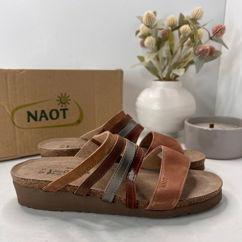 Naot Payton Leather Wedge Cork Sandal Latte Maple Brown Saddle Women 9/EU40
